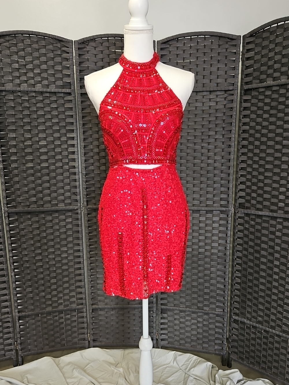 Scala Red Sequin Halter Mini Dress